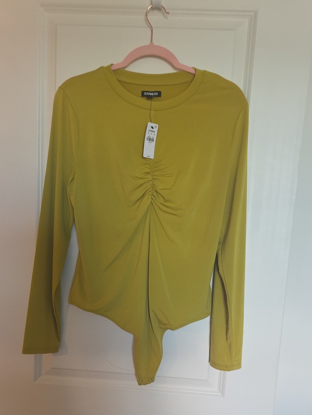 Express Olive Ruched Front Long-Sleeve Bodysuit